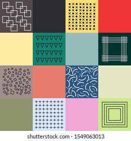Geometric Seamless pattern trendy memphis style background design of vector Scandinavian abstract color or Swiss geometry prints with rectangles, squares and circles