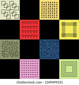 Geometric Seamless pattern trendy memphis style background design of vector Scandinavian abstract color or Swiss geometry prints with rectangles, squares and circles