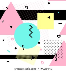 Geometric seamless pattern, trendy memphis cards design. 1980s retro background template. Vector eps 10 format.