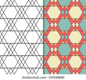 Geometric seamless pattern with triangle and hexagon. Repeating abstract vector background with monochrome and color style.