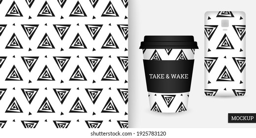 Geometric seamless pattern with triangles. Black and white abstract background. Vector illustration. Repeating triangle texture. Geometric ornament. Modern design textile, paper, wallpaper. Mockup.