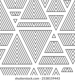 Geometric seamless pattern with triangles. Black and white abstract background with geometric shapes. Repeating texture. Monochrome ornament. Vector illustration. Design for textile, paper, wallpaper.