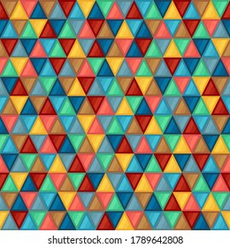 Geometric Seamless Pattern of Triangles of Blue, Brown, Coral, Green, Grey, Turquoise, Yellow Colors. Continuous Flat Symmetric Background of Simple Geometric Triangular Figures.