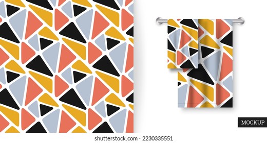 Geometric seamless pattern with triangles. Colorful abstract background. Repeating texture. Vector illustration geometric shapes. Modern ornament. Design paper, wallpaper, fabric. Mockup.