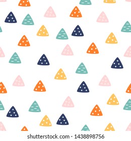 Geometric seamless pattern, triangles with dots, stars, hearts and short line, different colors isolated on white Background. cheerful lovely pattern for  baby.