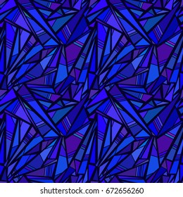 Geometric seamless pattern. Triangles, quadrangles and stripes in dark blue.