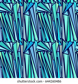 Geometric seamless pattern. Triangles and stripes in blue colors, vector background.