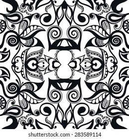 Geometric seamless pattern. Tribal ethnic Arabian ornament. Fashion repeating texture, hand drawn artwork vector illustration. Black and white