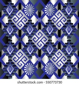  Geometric seamless pattern with tribal vintage blue silver ornament. Ornamental ethnic 3d background wallpaper. Can be used for fabric prints, surface textures, wrapping.Luxury vector illustration