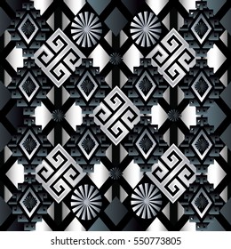  Geometric seamless pattern with tribal vintage black and white ornament.Ornamental ethnic 3d background wallpaper. Can be used for fabric prints, surface textures, wrapping.Luxury vector illustration