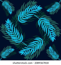 Geometric seamless pattern of tropical palm leaves in bluish green colors on a dark blue background. Vector eps10.