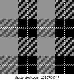 Geometric seamless pattern, understated checkered tartan design with greyscale grey white black colors