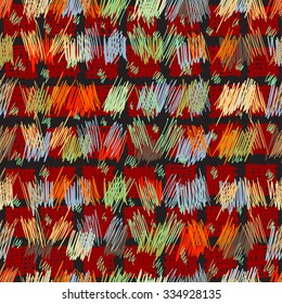 Geometric seamless pattern. Uneven interesting structure squares, bars, spots and lines, drawn by hand. For packaging design, background, wallpaper, fabrics, textiles.