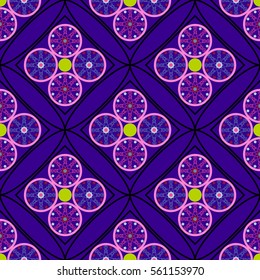 geometric seamless pattern, unusual rhombus with circles in the inside on a dark blue background,vector illustration