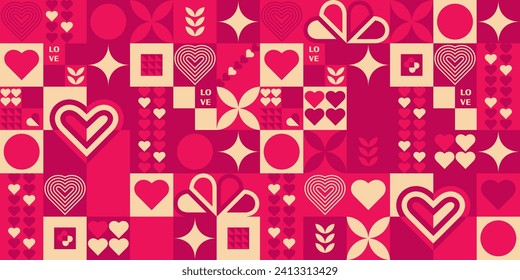 Geometric seamless pattern for Valentine's Day posters, greeting card, banner, label, sale promotion template, cover. Bauhaus. Geometric print