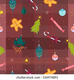 Geometric seamless pattern with various Christmas themed objects on red background. Vector graphics. 