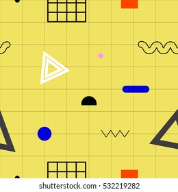 Geometric seamless pattern with various shapes and forms and bright yellow background. Vector graphics.