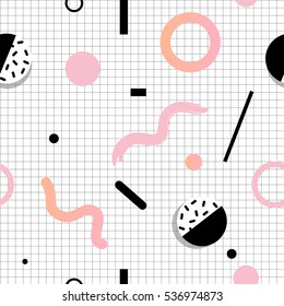 Geometric seamless pattern with various shapes and forms and bright yellow background. Vector graphics. Memphis design style.