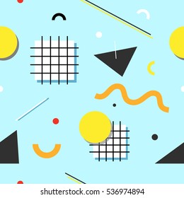 Geometric seamless pattern with various shapes and forms and bright yellow background. Vector graphics. Memphis design style.