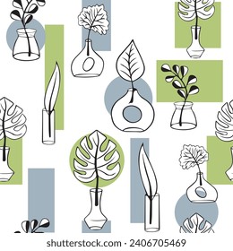 Geometric seamless pattern with vases of different shapes and leaves. Modern vases for the interior. Geometric Graphics Boho decor