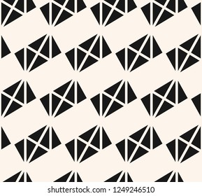 Geometric seamless pattern. Vector abstract black and white geometrical texture with triangles, rectangles, rhombuses, grid, net, repeat tiles. Stylish monochrome graphic background. Modern design