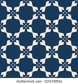 Geometric seamless pattern. Vector abstract deep blue and beige texture with diamond shapes, crosses, squares, stars, flower silhouettes, grid, lattice. Elegant ornamental background. Repeated design