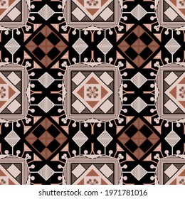 Geometric seamless pattern. Vector colorful plaid tartan background. Geometrical repeat backdrop. Tribal ethnic style ornament. Geometry shapes, lines, triangles, squares, rectangles, rhombus.