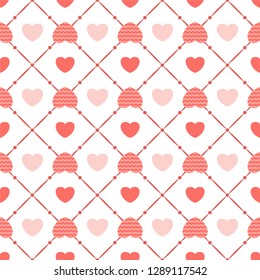 Geometric seamless pattern of vector flat hearts trend coral pink color. Design for packaging, clothing, bed linen, for wrapping paper. Valentines Day gifts.