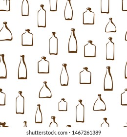 Geometric seamless pattern, vector image of bottles and vessels for drinks