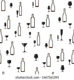 Geometric seamless pattern, vector image of bottles and vessels for drinks