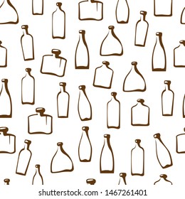 Geometric seamless pattern, vector image of bottles and vessels for drinks