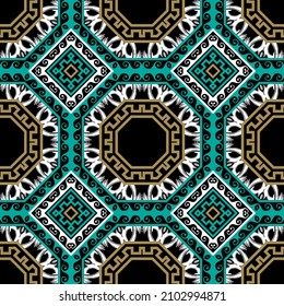 Geometric seamless pattern. Vector ornamental tribal ethnic background. Repeat greek backdrop. Abstract modern ornament with greek key, meanders, geometrical shapes, flowers, rhombus, octagons, waves.