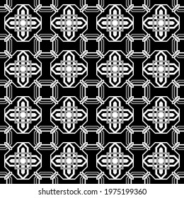 Geometric seamless pattern. Vector patterned background. Geometrical repeat backdrop. Tribal ethnic style black and white ornament. Geometry shapes, lines. Symmetrical design.
