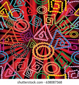 Geometric seamless pattern. Vector red black background wallpaper illustration with colorful shapes, figures, triangles, circles, squares and abstract tribal ornaments in memphis style. 
