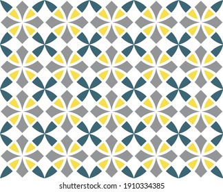 Geometric seamless pattern. Vintage textures. Abstract seamless arabesque vector pattern. Color ornament. Gray, yellow, blue trend colors on white background. Simple design fabric, textile, wrapping