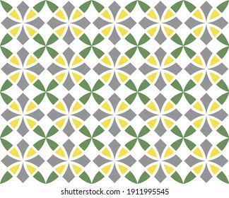 Geometrisches nahtloses Muster. Vintage-Texturen. Abstraktes, nahtloses arabisches Vektormuster. Farbschmuck. Graue, gelbe, grüne Trendfarben auf weißem Hintergrund. Einfaches Design, Textilien, Umhüllung