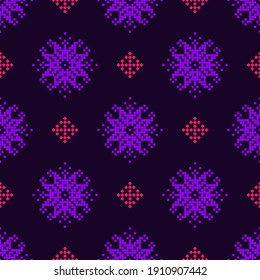 Geometric seamless pattern of violet and purple shapes on dark. Vector repeating ornament. Symmetrical ornamental background