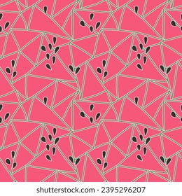 Geometric seamless pattern with watermelon motif. Bright pink abstract fruit background with black seeds.