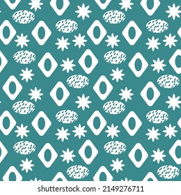Geometric seamless pattern with white diamonds, ovals and stars on a green background. vector illustration