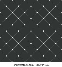 Geometric seamless pattern. White dots with dashed lines on black background. Polka dotted texture with rhombus. Sample for textile products. Vector illustration.