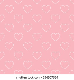 Geometric seamless pattern with white glowing hearts on the light pink background. 
