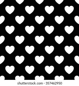 Geometric seamless pattern with white hearts on the black background. 