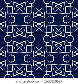 Geometric seamless pattern. White ornament on dark blue background. Vector illustration