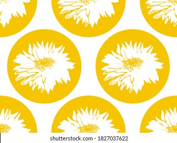 Patrón geométrico sin soldadura con siluetas blancas de flores Crisantemo sobre forma de círculo amarillo. Diseño contemporáneo al estilo escandinavo para el hogar textil, paquete, ropa de cama, cerámica, servilletas.
