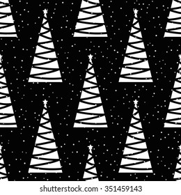 Geometric seamless pattern from white spruce shapes of cropped lines and glowing snow on black background.

