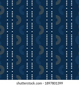 Geometric seamless pattern with white and yellow arches or semicircles and circles on a dark blue background