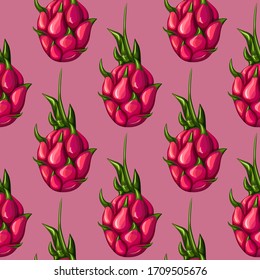 Geometric seamless pattern with whole red dragon fruit. Exotic tropical pitayas wallpaper. Design for wrapping paper, textile print, fabric. Vector illustration