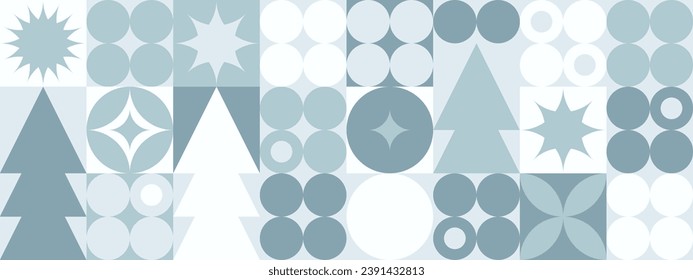 Geometric seamless pattern with winter blue patterns, Christmas trees in Scandinavian style. New Year's fashionable color pattern for textiles and wallpaper, gift design trend.