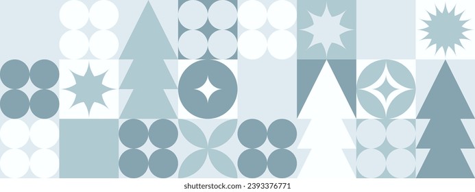 Geometric seamless pattern with winter blue patterns, Christmas trees in Scandinavian style. New Year's fashionable color pattern for textiles and wallpaper, gift design trend.