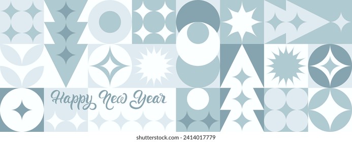 Patrón geométrico sin fisuras con patrones azules de invierno, árboles de Navidad al estilo escandinavo, letras a mano - Feliz Año Nuevo. Mosaico blanco de moda para textiles y papel pintado, tendencia de diseño de regalo.